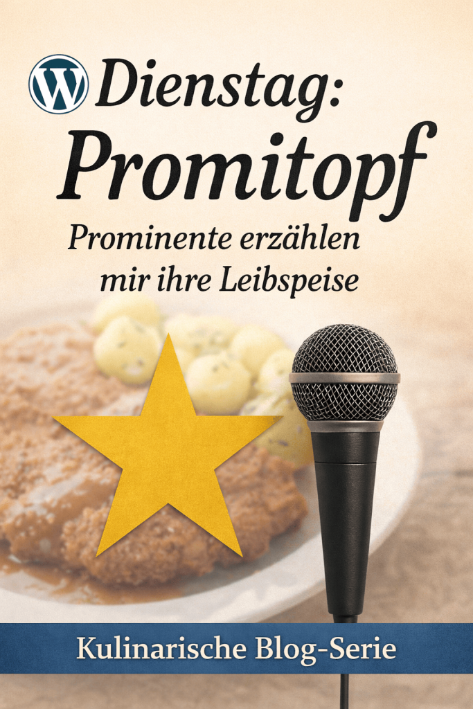 Illustration eines Mikrofons und eines Sterns vor einem Teller mit dem Schriftzug „Dienstag – Promitopf“, kulinarische Blog-Serie mit prominenten Lieblingsgerichten