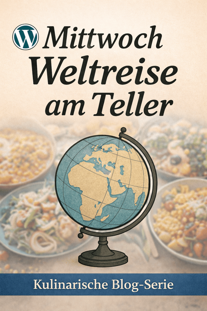 Illustration eines Globus vor verschiedenen Speisen mit dem Schriftzug „Mittwoch – Weltreise am Teller“ als kulinarische Blog-Serie