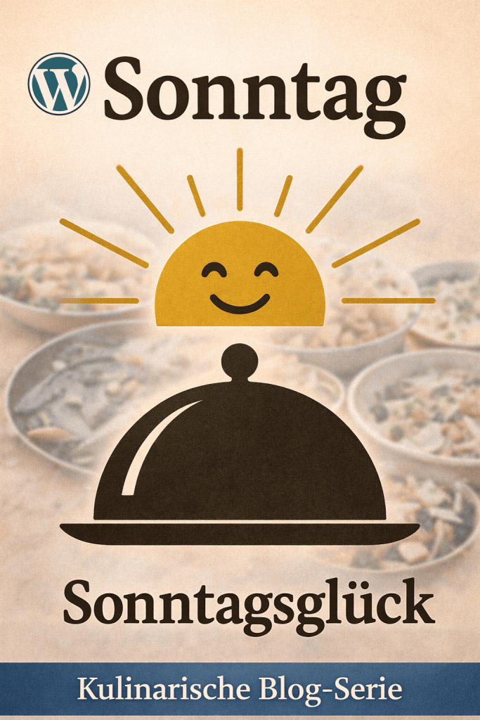 Illustration einer Kochhaube mit lachender Sonne und dem Schriftzug „Sonntagsglück – Kulinarische Blog-Serie“