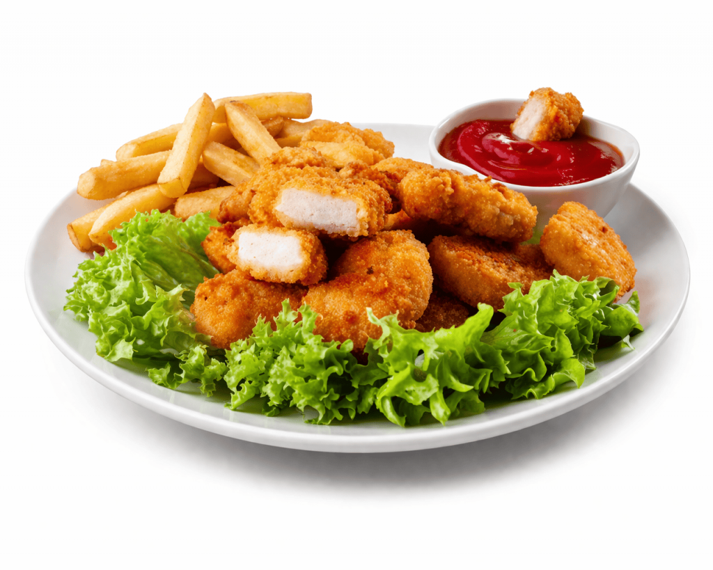Chicken Nuggets mit Pommes und Ketchup
