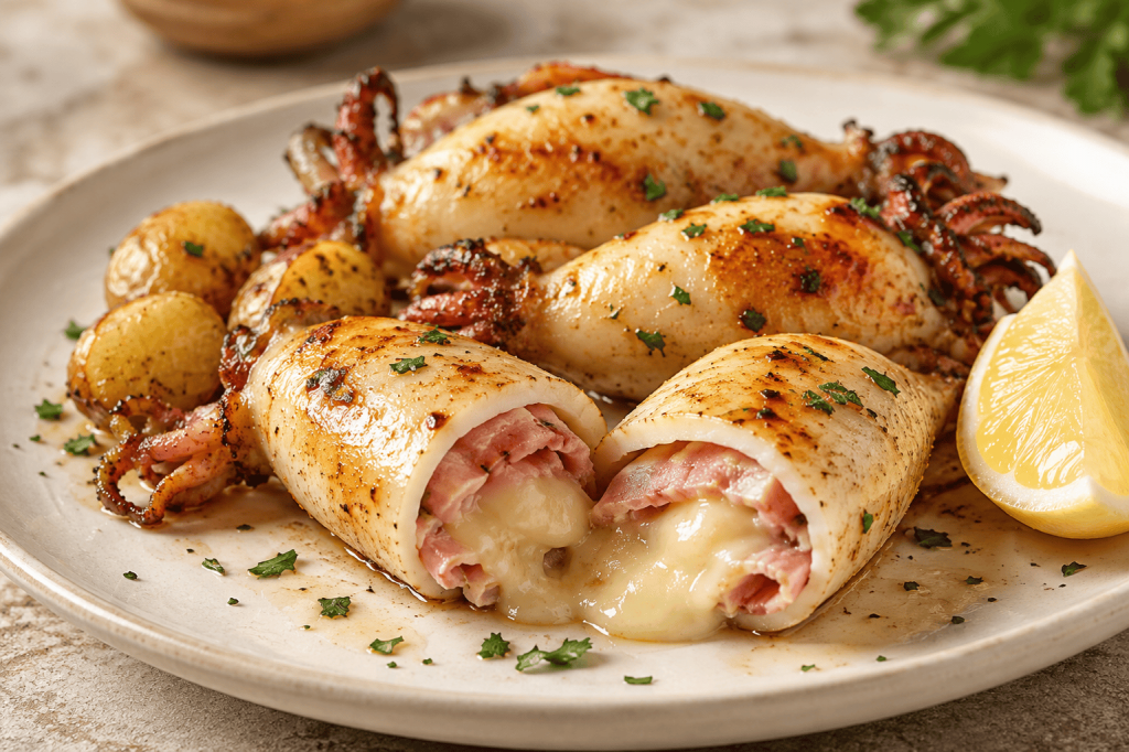 Gefüllte Calamari mit Schinken und Käse, Mangold und Erdäpfeln