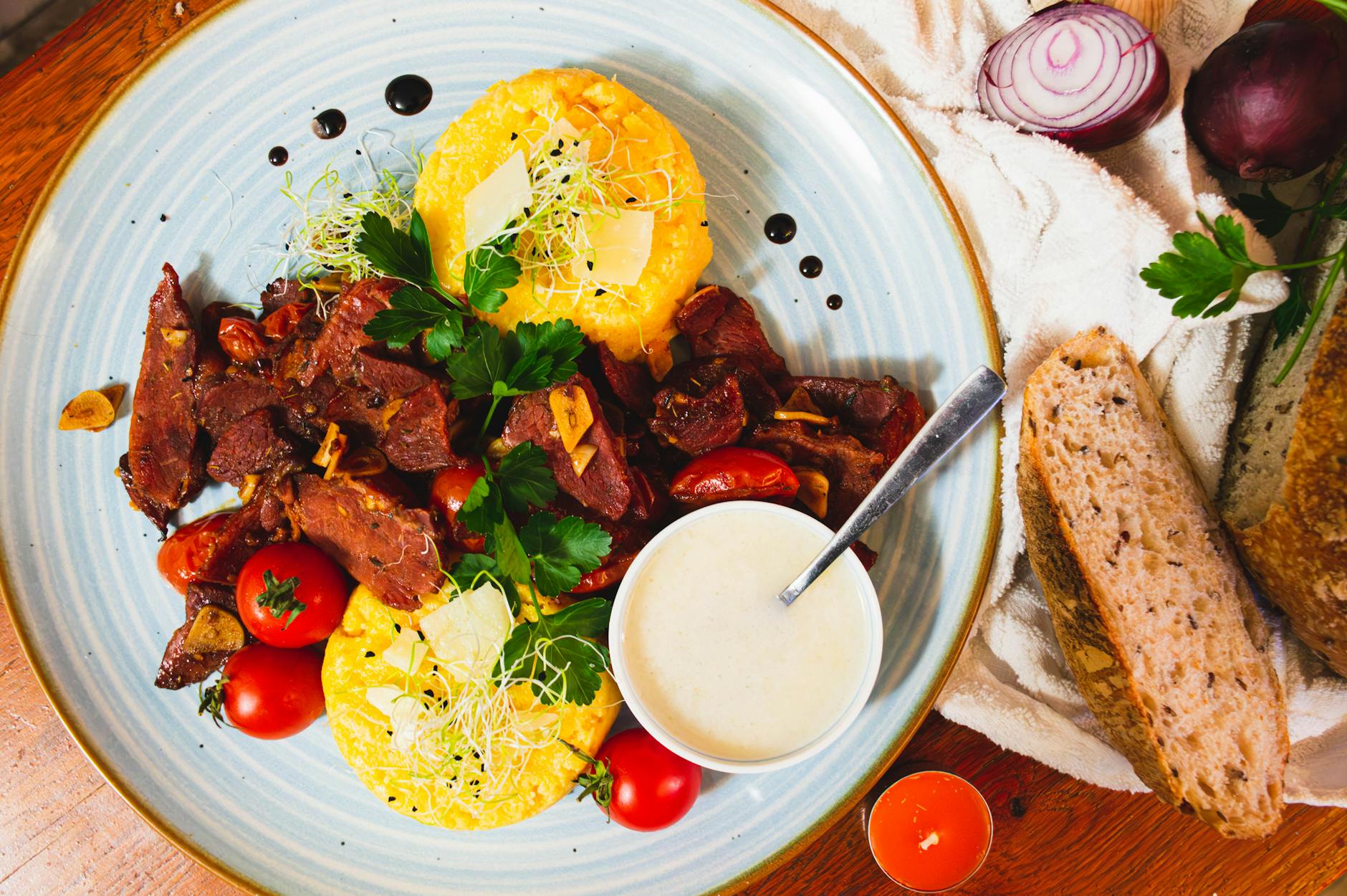 delicious romanian cuisine with polenta and beef