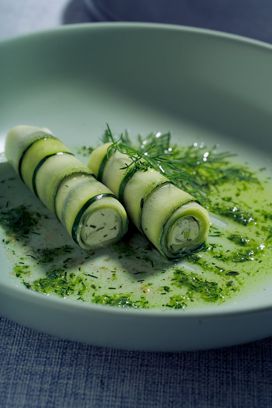 gourmet zucchini rolls with herb sauce