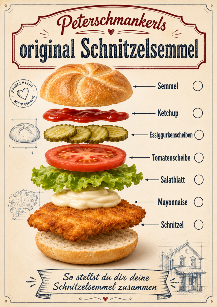 Peterschmankerls originale Schnitzelsemmel als Bauplan mit Semmel, Mayonnaise, Salat, Tomate, Essiggurke und Ketchup