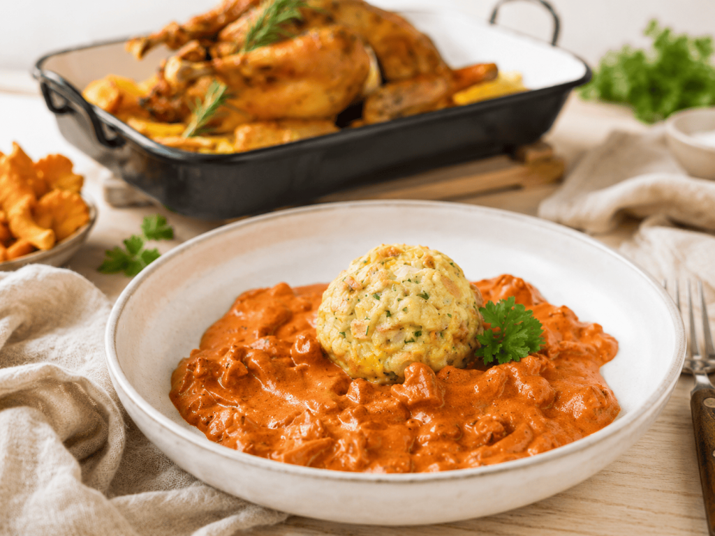 Pizzera und Jaus Leibspeisen mit Eierschwammerlgulasch, Semmelknödel und Grillhendl