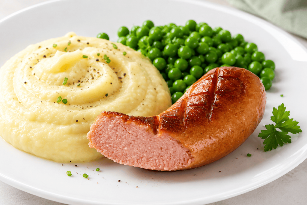 gebratene Augsburger mit Püree und Erbsen