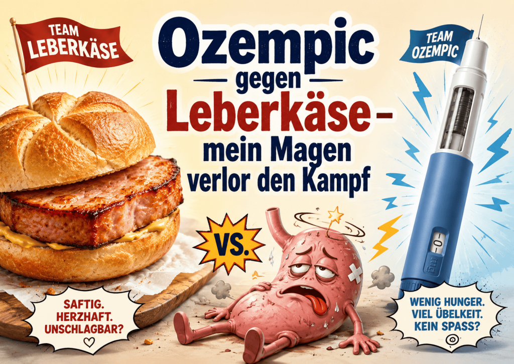 Eine heiße Leberkäsesemmel, ein Ozempic-Spritzenpen und ein erschöpfter Comic-Magen unter dem Titel „Ozempic gegen Leberkäse – mein Magen verlor den Kampf“.