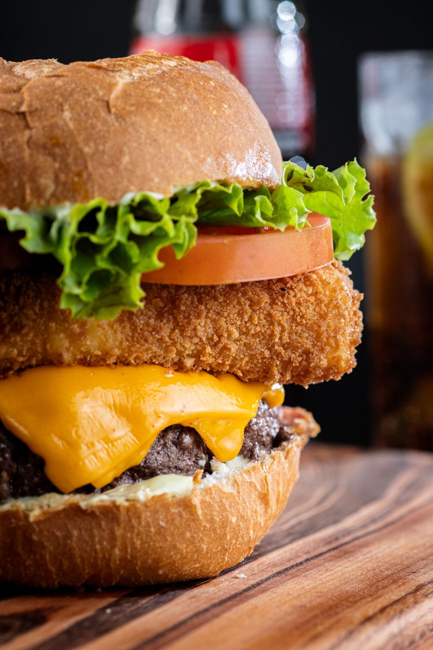 close up of tasty burger on board