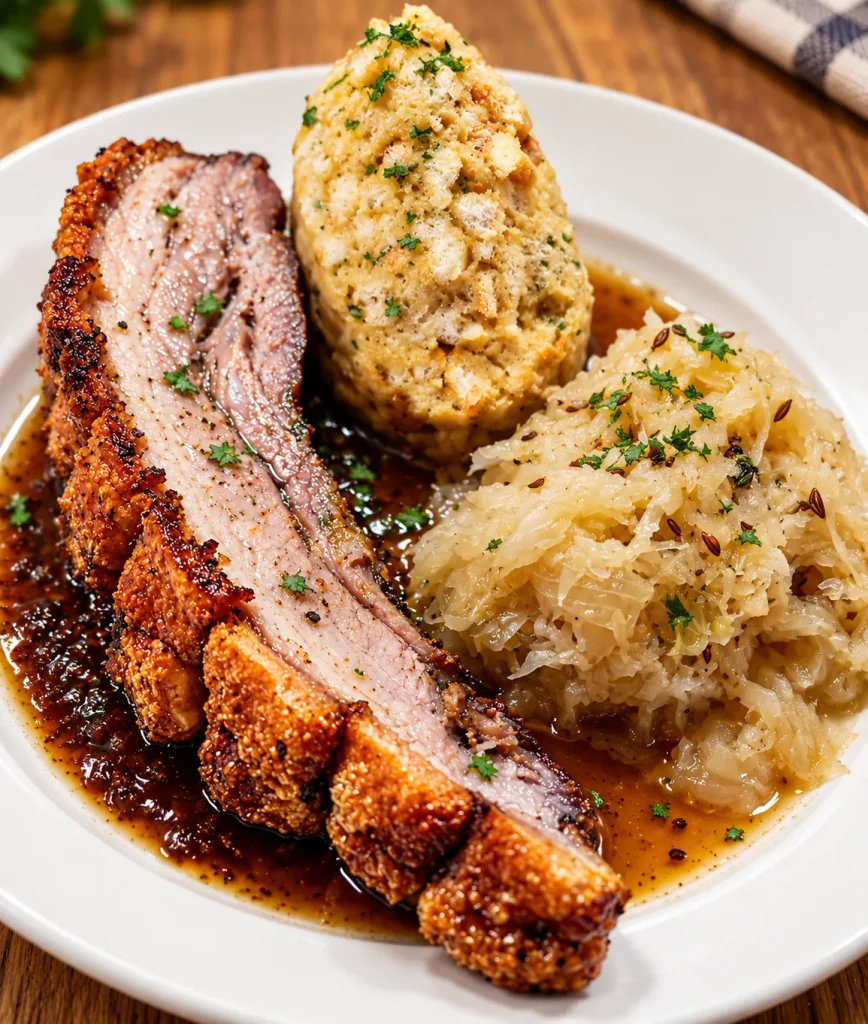 Schweinsbraten mit knuspriger Kruste, Sauerkraut und Semmelknödel – kulinarische Hommage an Roy Black